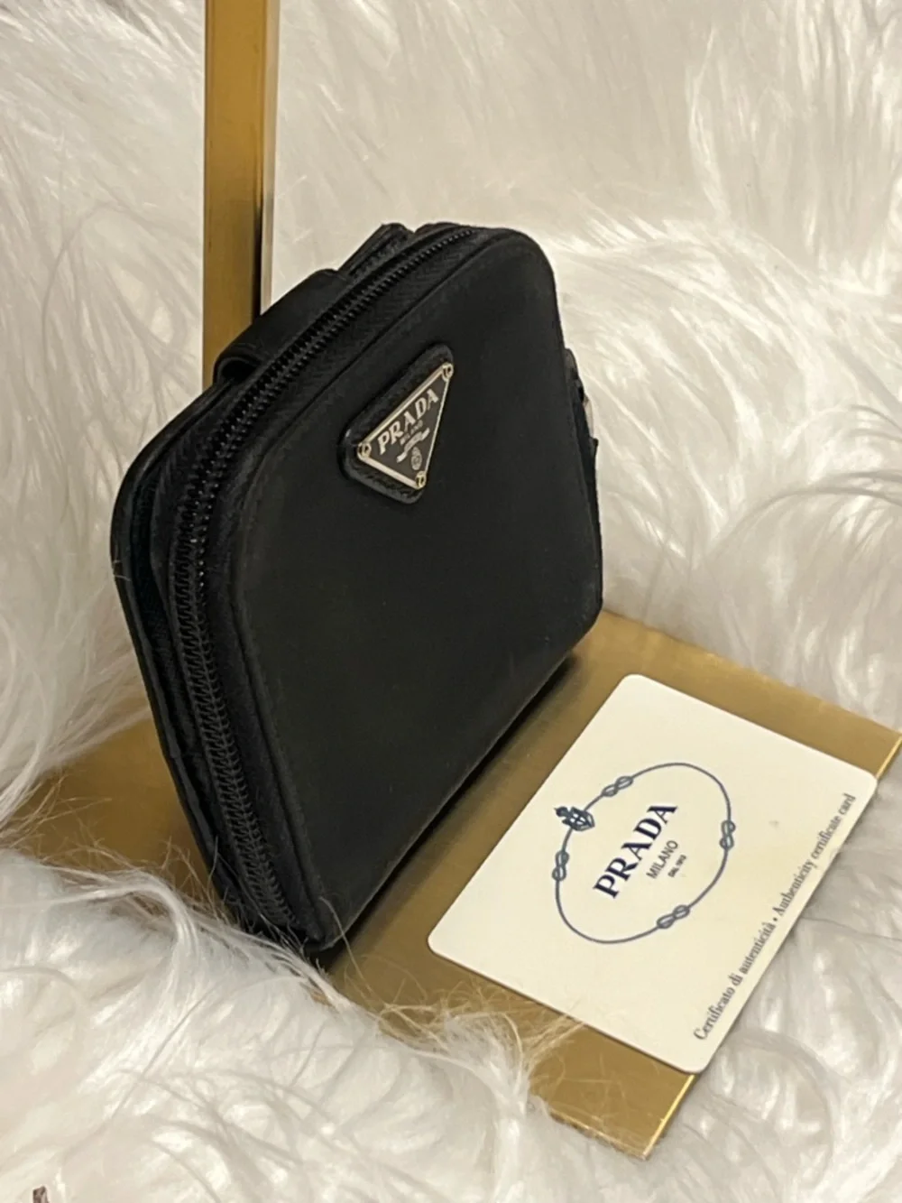 Prada Black Nylon Zip Around Compact Wallet with Triangle Logo